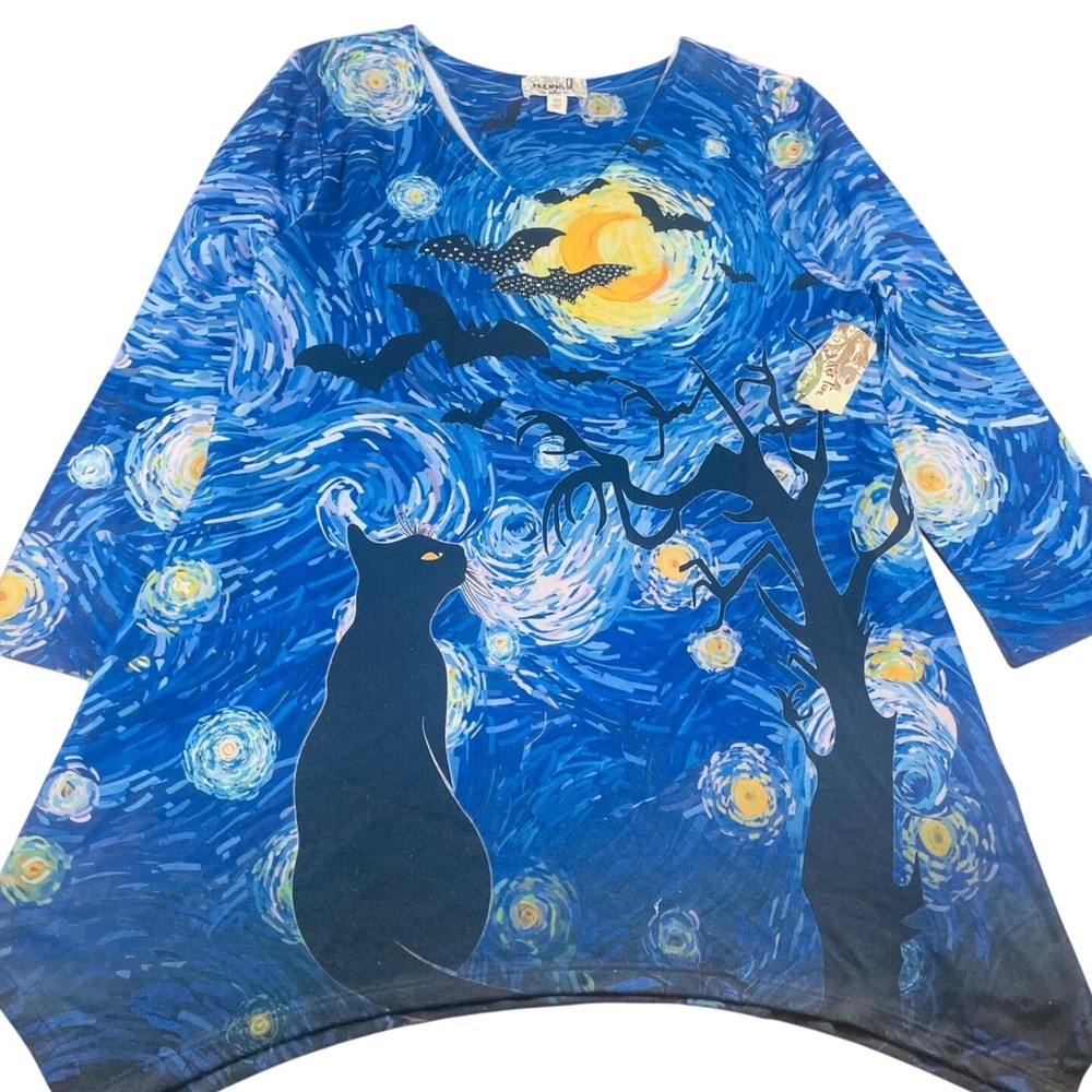 Oneworld Live Let Live Women XS Starry Night Cat Bats Van Gogh Tunic Top Blue